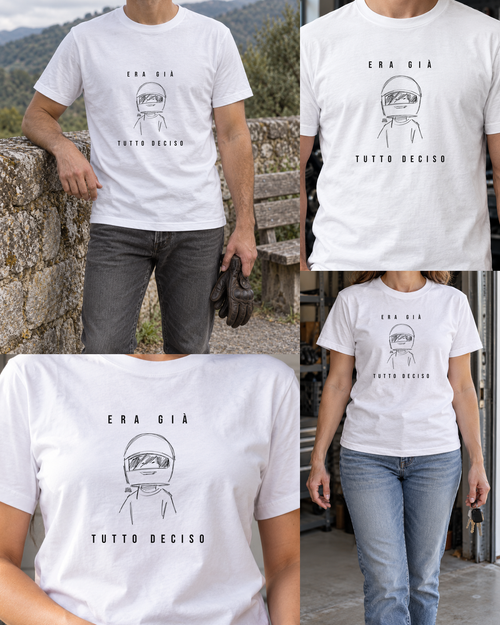 T-shirt bianca «Era già tutto deciso» — viste del prodotto — RetroPosterGarage