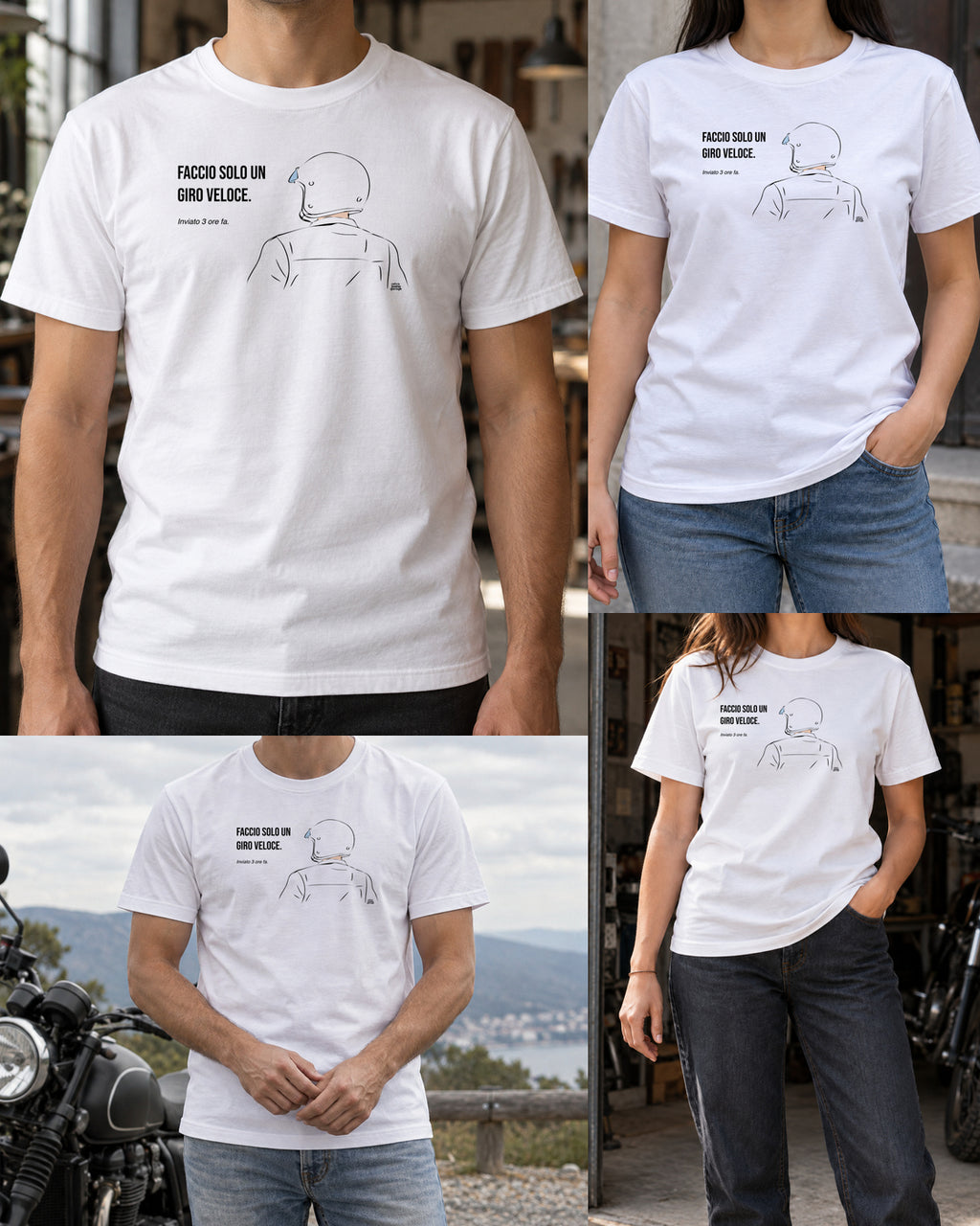 T-shirt bianca «Faccio solo un giro veloce» — viste del prodotto — RetroPosterGarage