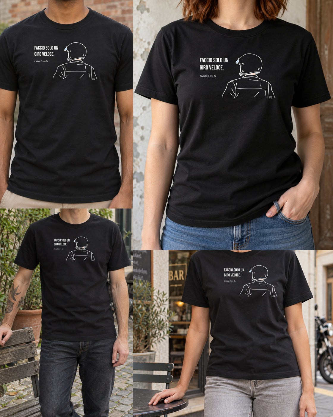 T-shirt nera «Faccio solo un giro veloce» — viste del prodotto — RetroPosterGarage