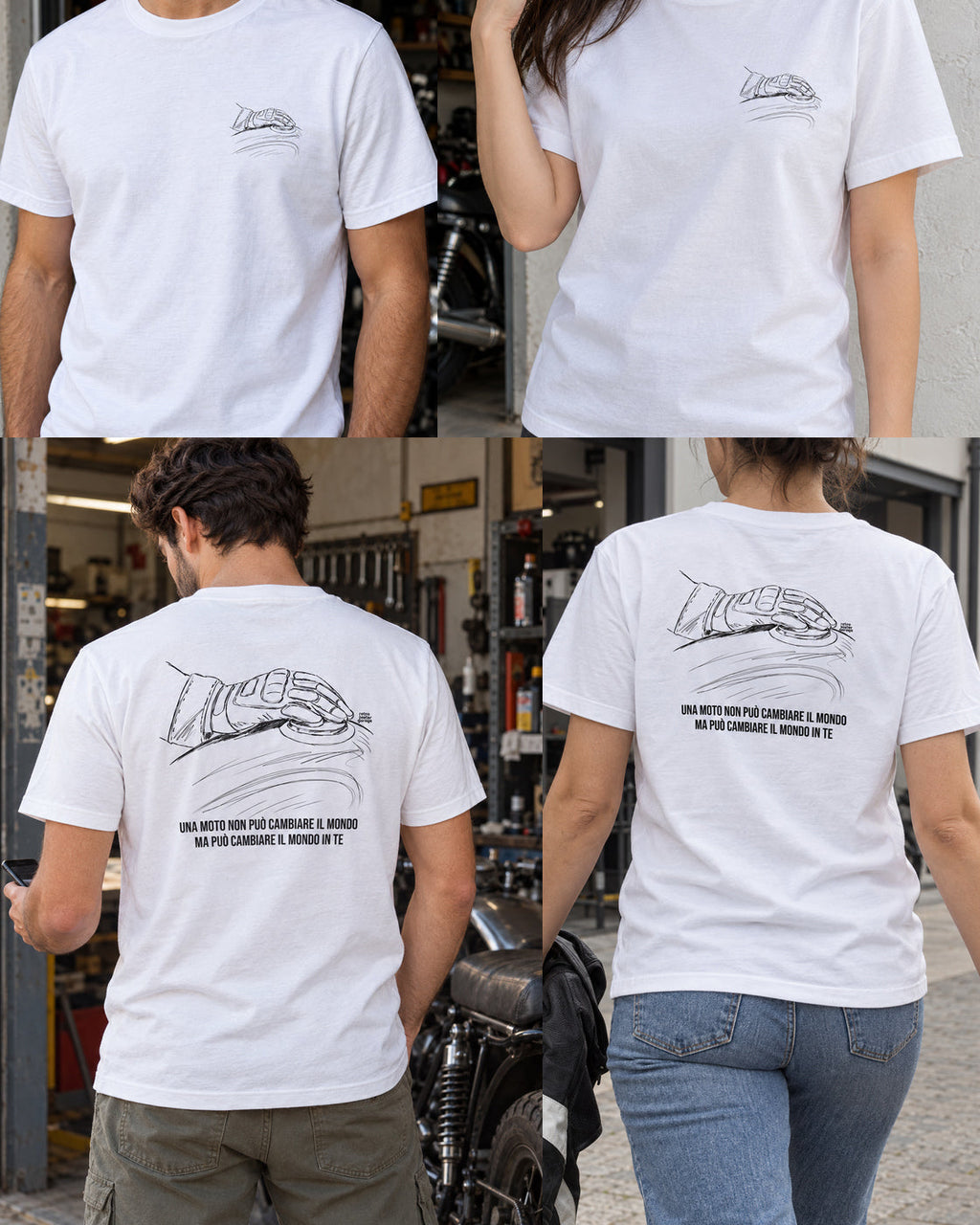 T-shirt bianca «La moto cambia il tuo mondo» — viste del prodotto — RetroPosterGarage