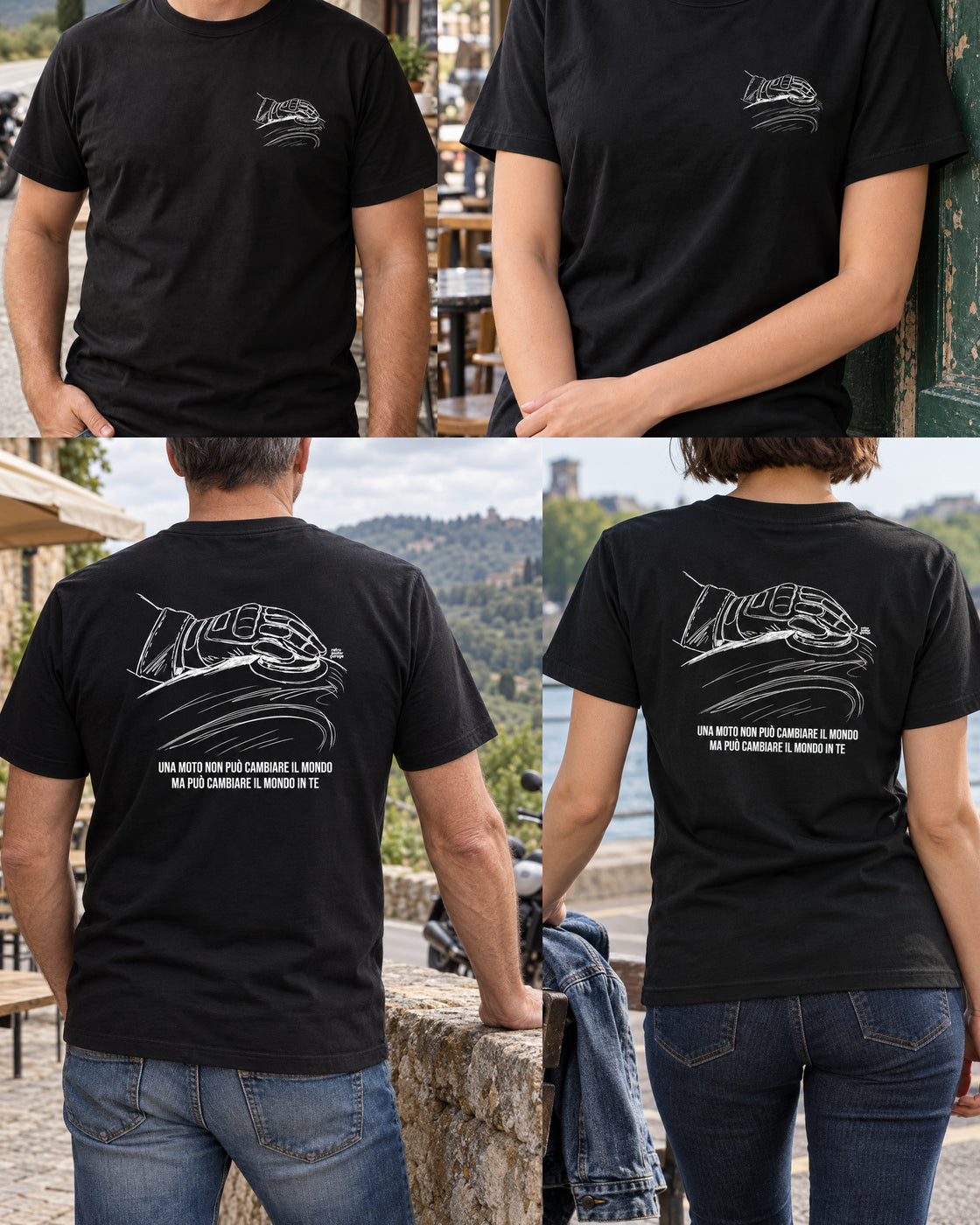 T-shirt nera «La moto cambia il tuo mondo» — viste del prodotto — RetroPosterGarage