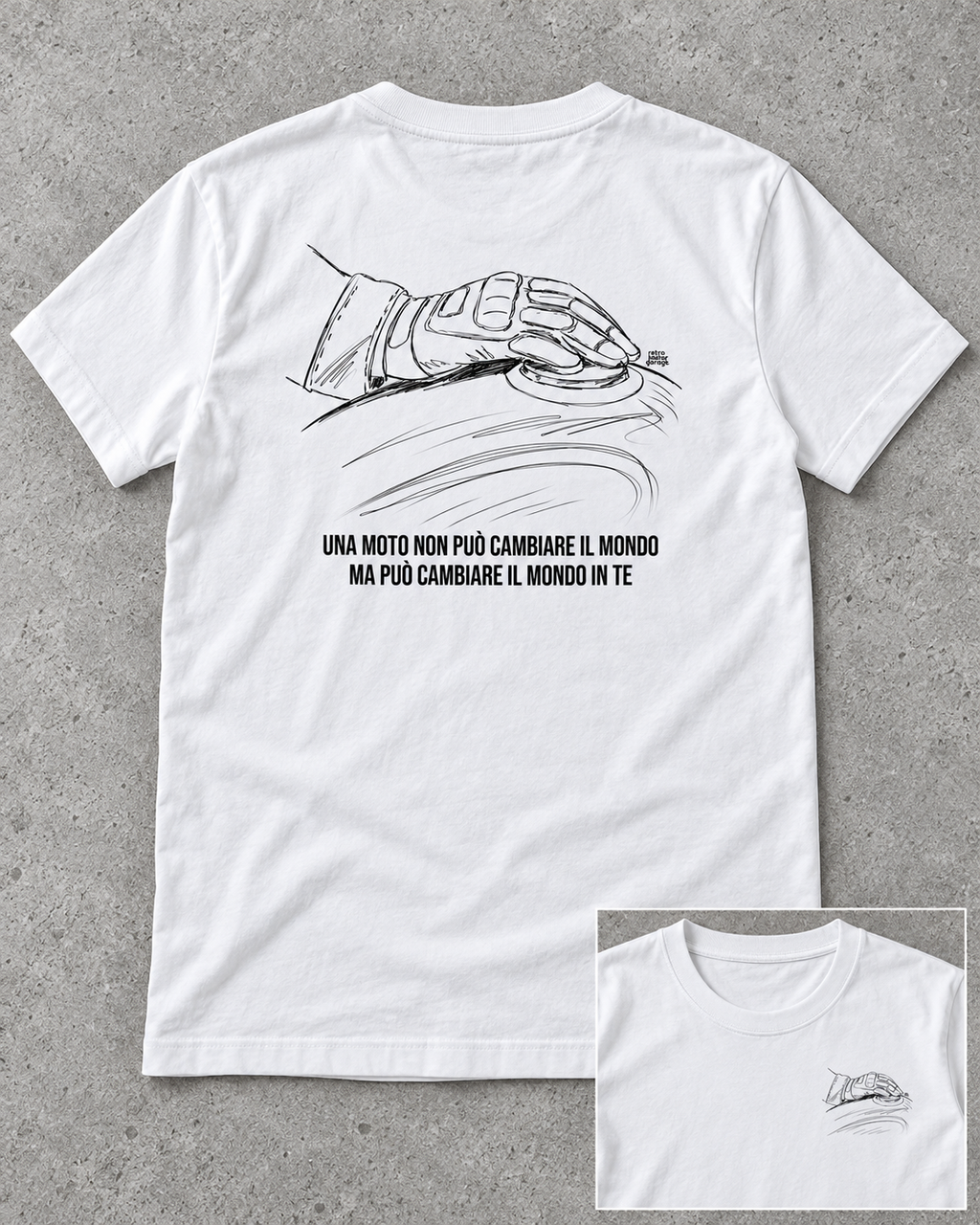 T-shirt bianca «La moto cambia il tuo mondo» — RetroPosterGarage