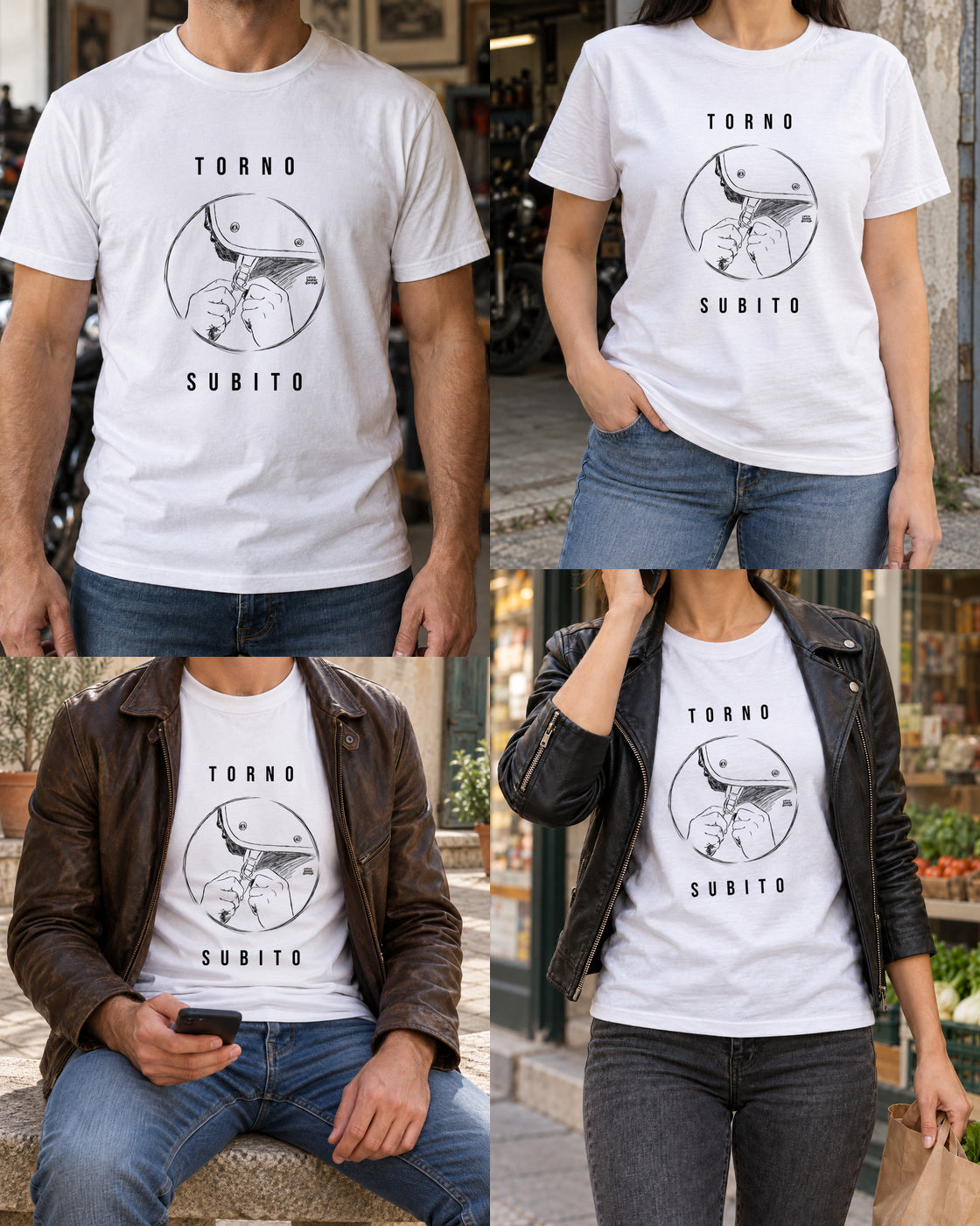 T-shirt bianca «Torno subito — Jet» — viste del prodotto — RetroPosterGarage