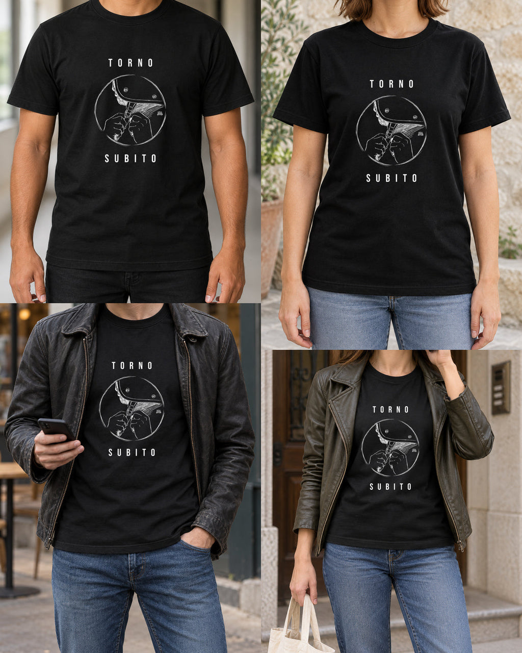 T-shirt nera «Torno subito — Jet» — viste del prodotto — RetroPosterGarage