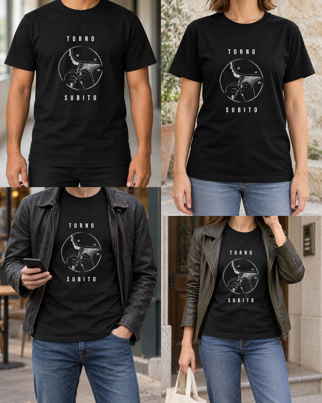 T-shirt nera «Torno subito — Jet» — viste del prodotto — RetroPosterGarage