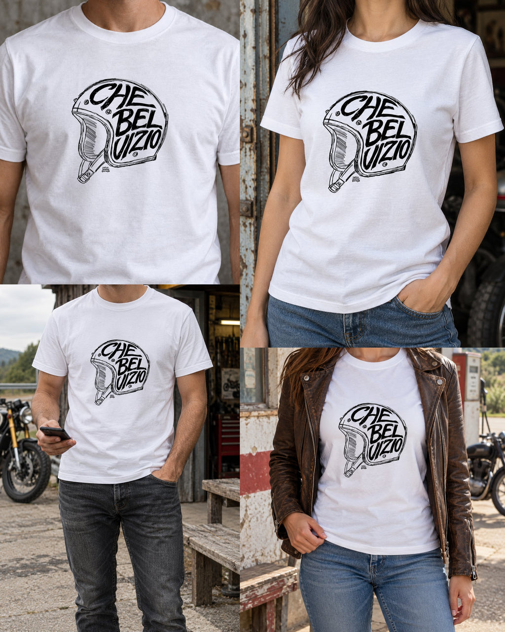 T-shirt bianca «Che bel vizio» — viste del prodotto — RetroPosterGarage