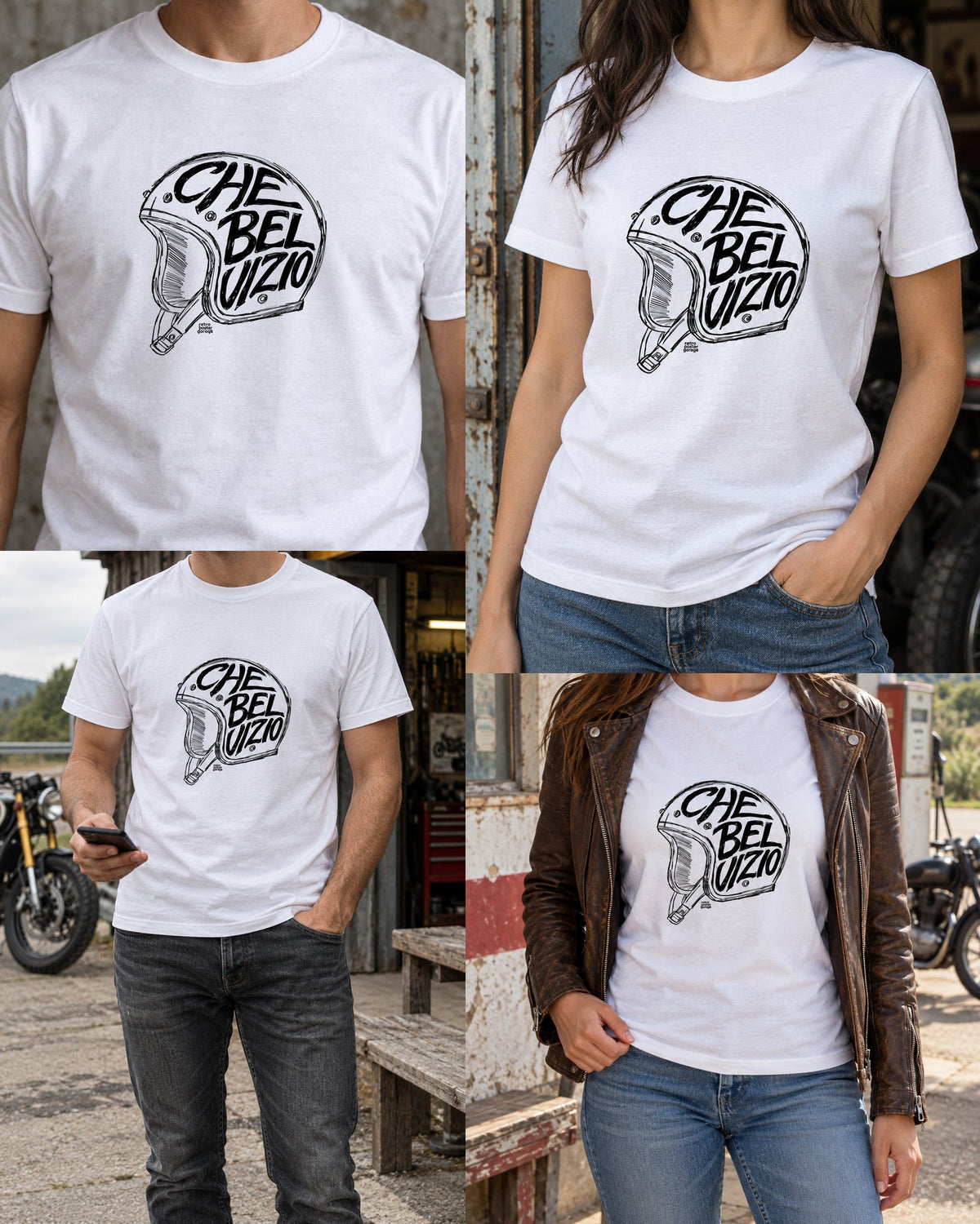 T-shirt bianca «Che bel vizio» — viste del prodotto — RetroPosterGarage