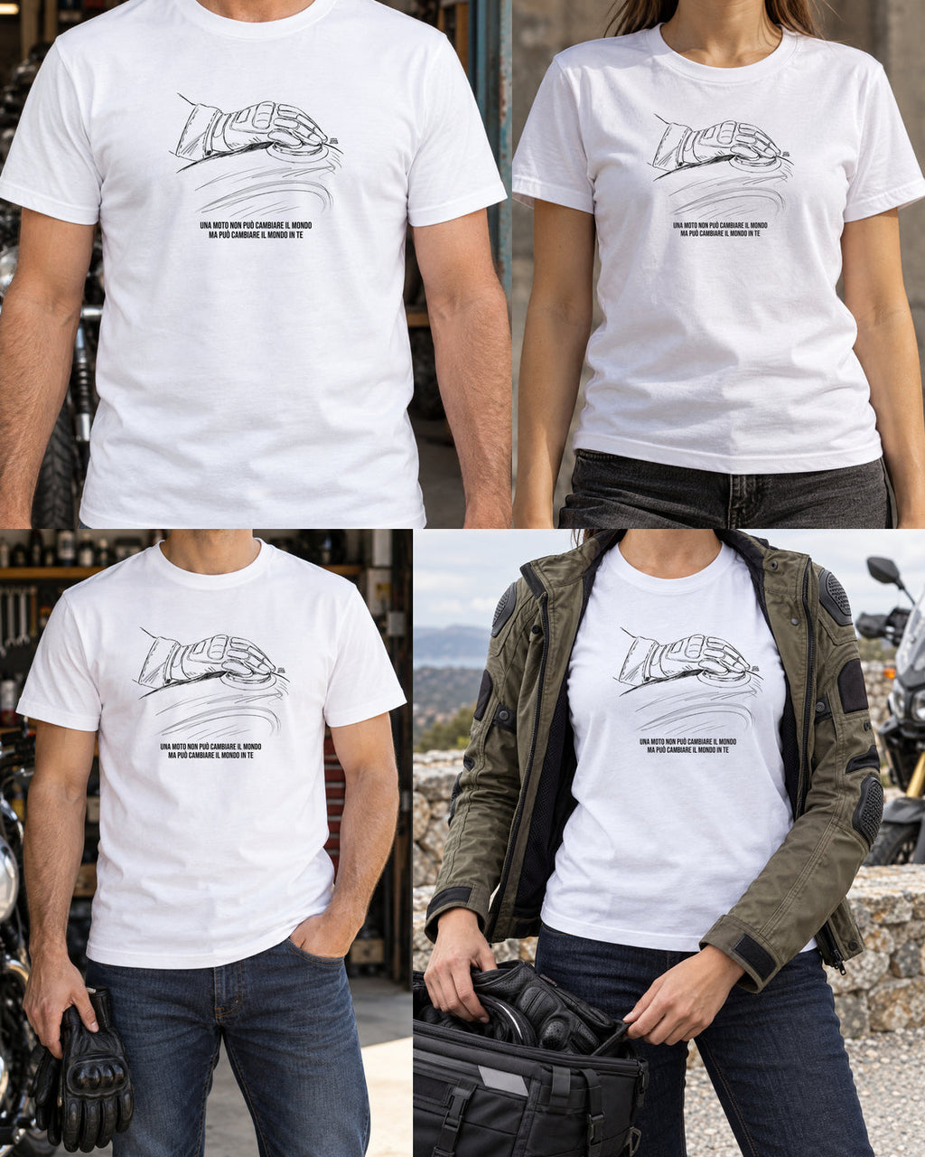 T-shirt bianca «La moto cambia il tuo mondo» — viste del prodotto — RetroPosterGarage