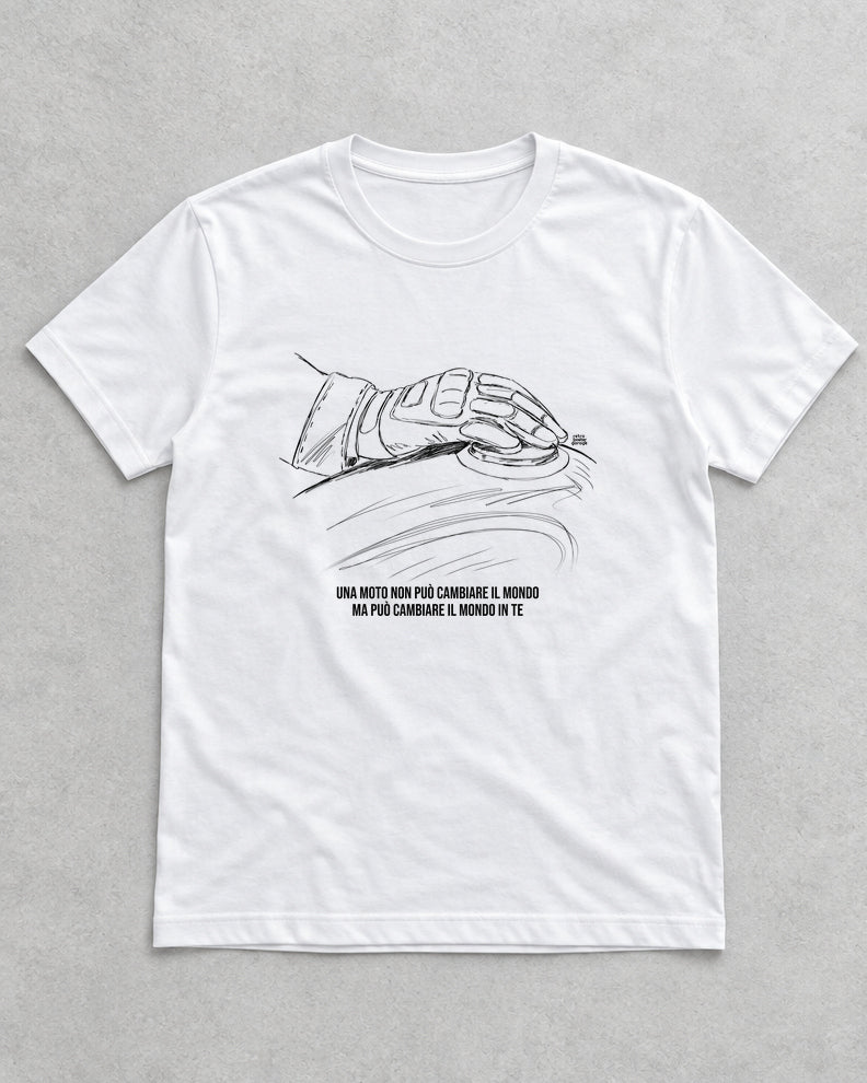 T-shirt bianca «La moto cambia il tuo mondo» — RetroPosterGarage