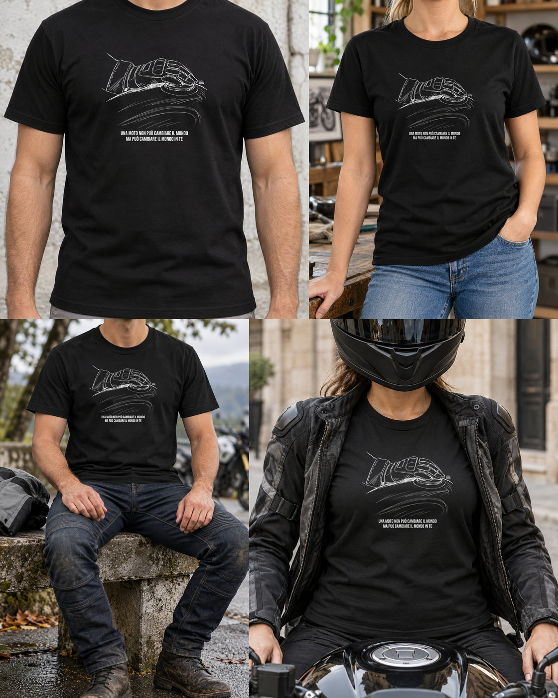 T-shirt nera «La moto cambia il tuo mondo» — viste del prodotto — RetroPosterGarage