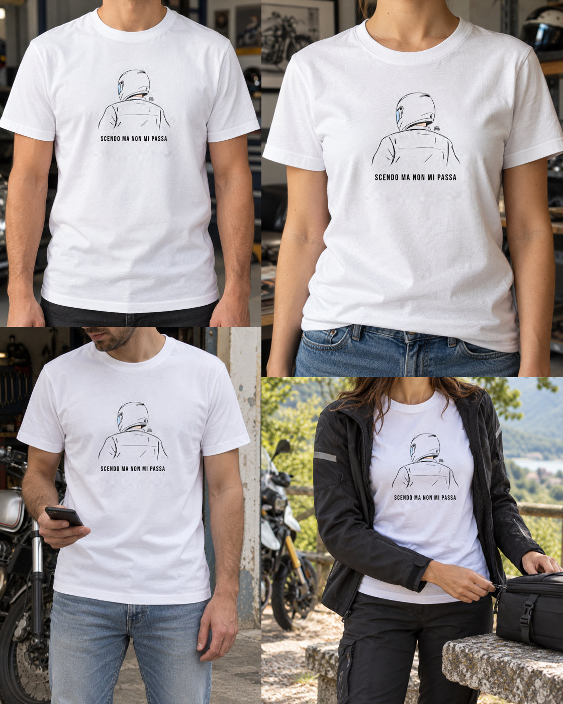 T-shirt bianca «Scendo ma non mi passa» — viste del prodotto — RetroPosterGarage