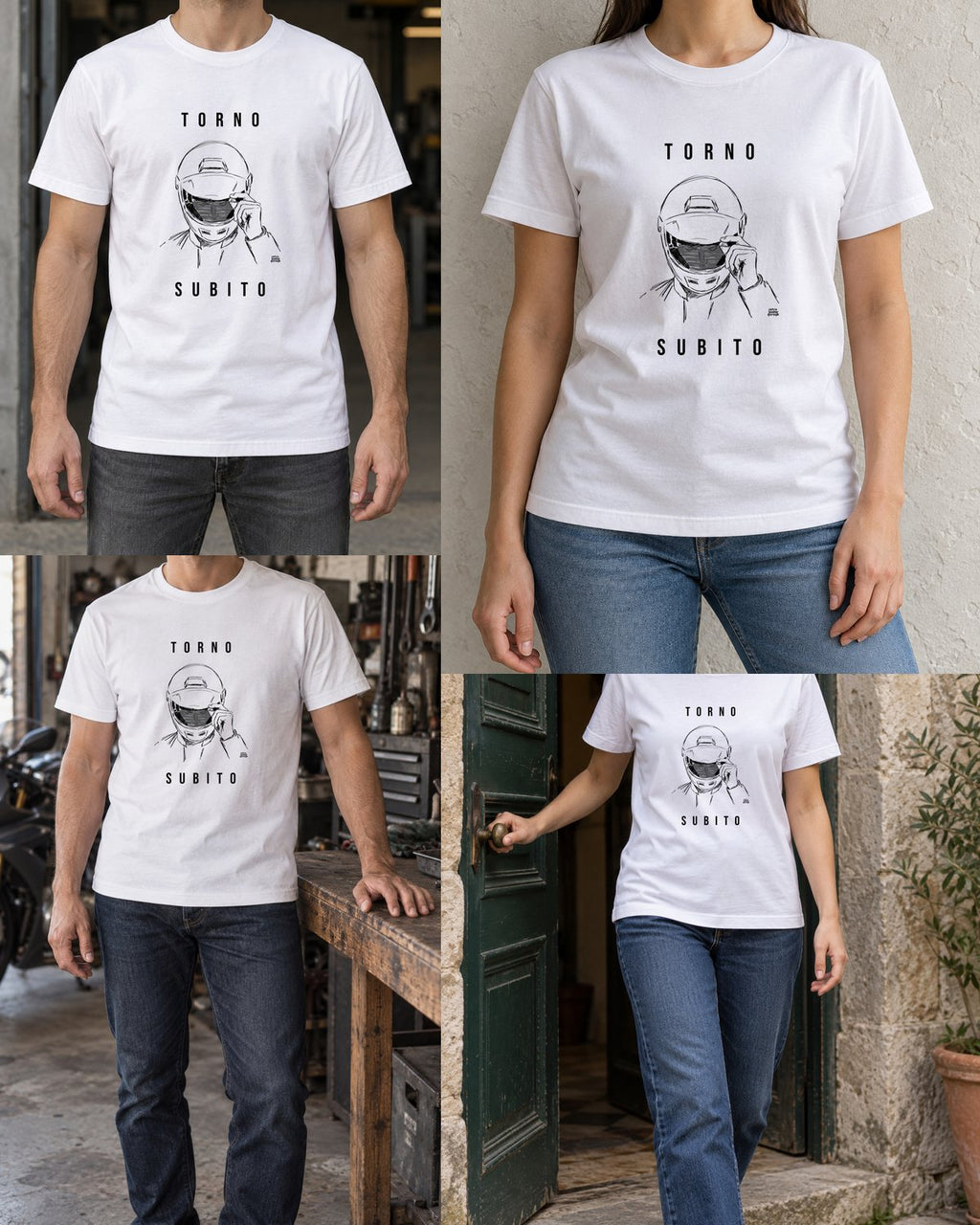 T-shirt bianca «Torno subito — Integrale» — viste del prodotto — RetroPosterGarage