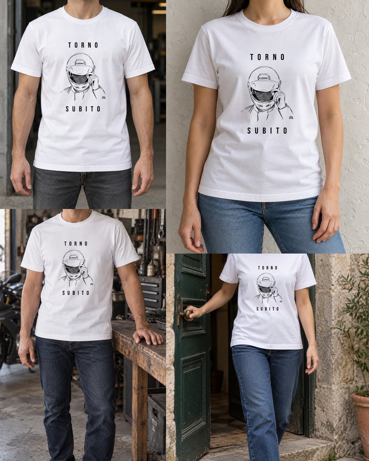T-shirt bianca «Torno subito — Integrale» — viste del prodotto — RetroPosterGarage