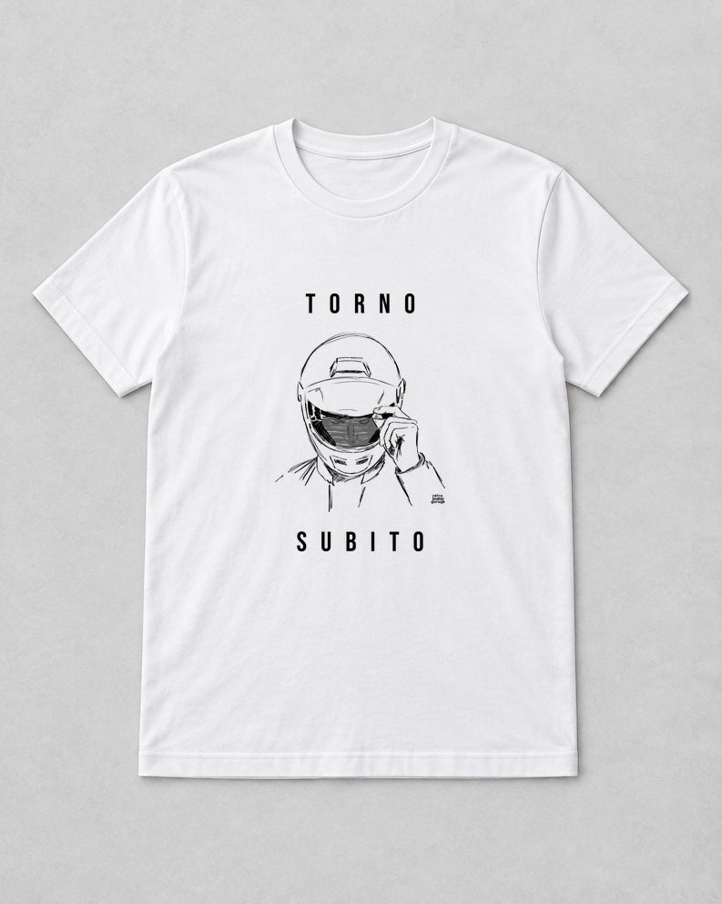 T-shirt bianca «Torno subito — Integrale» — RetroPosterGarage