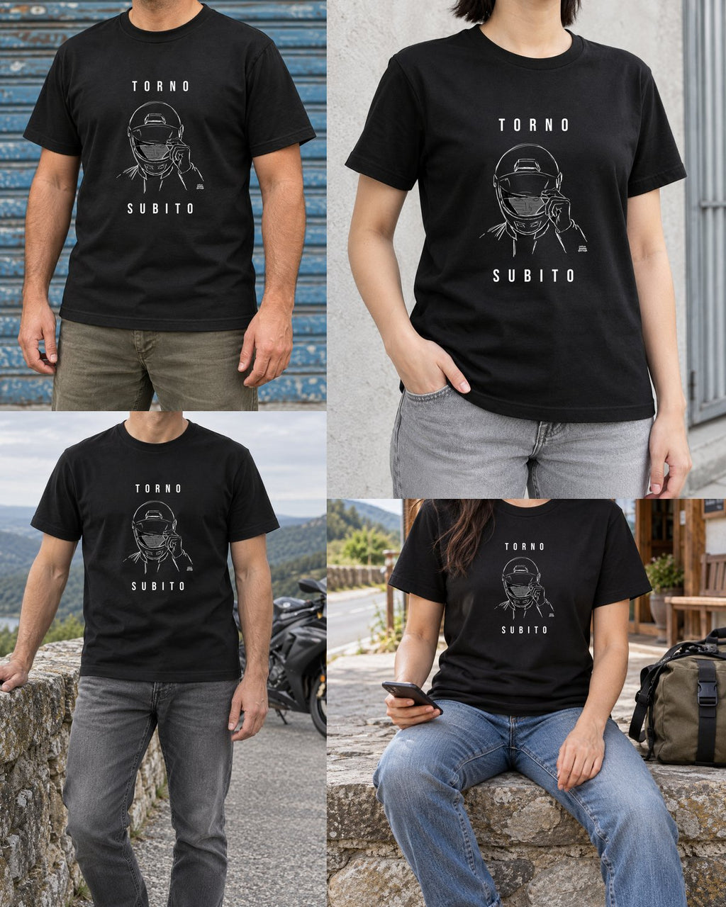 T-shirt nera «Torno subito — Integrale» — viste del prodotto — RetroPosterGarage